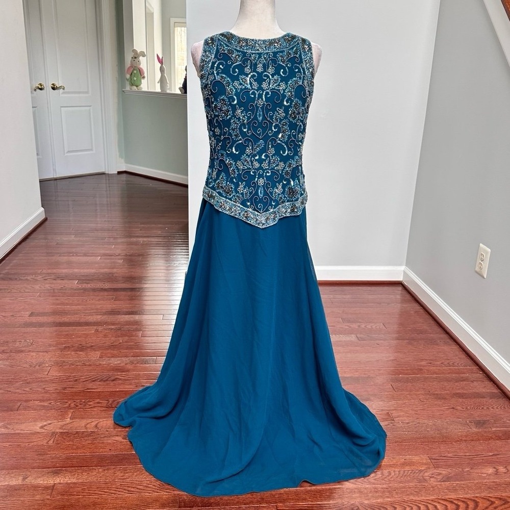 J LAXMI Teal Green Blue Fully Embellished Beaded Top Elegant Gown Dress Size 12